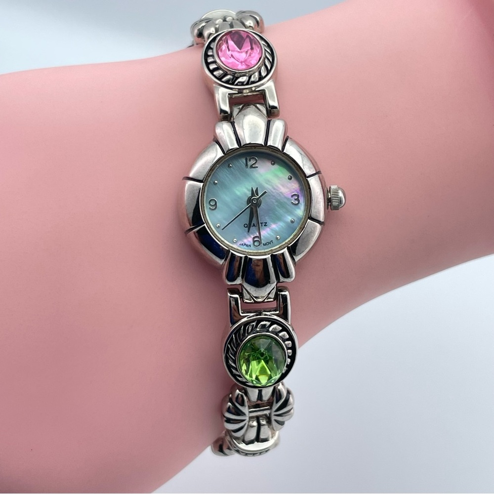 Vintage Mother of Pearl Face Watch Multi Gemstone Links Japan Quartz 7”
